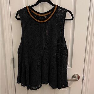 Free People Black Lace Top with Tan Trim
